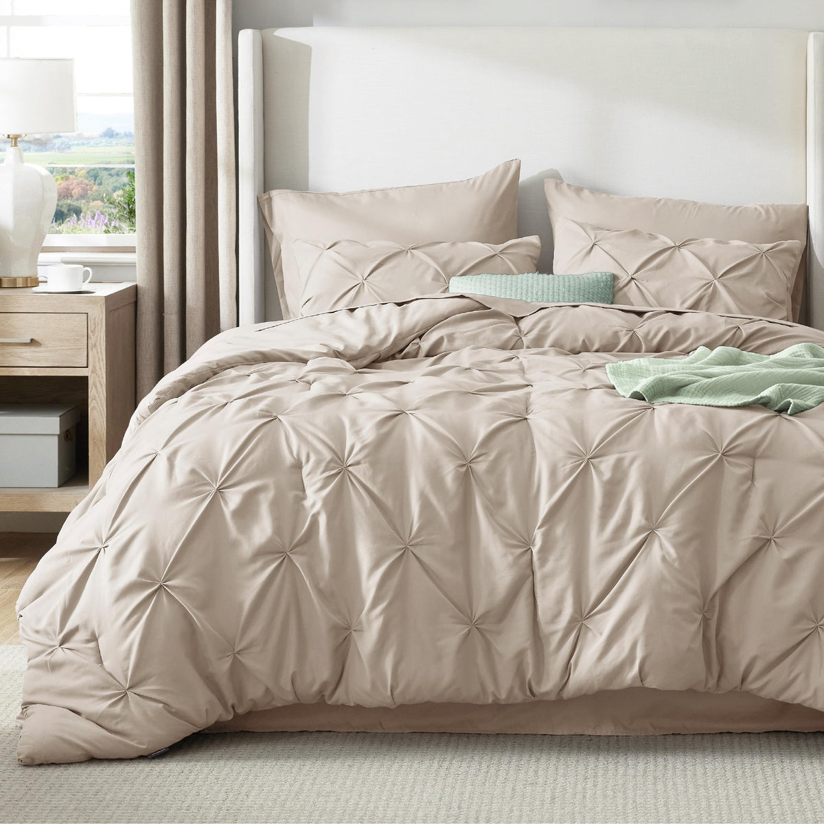 Bedsure seven-piece bed-in-a-bag set in beige, with sheets and pillowcases for hassle-free styling