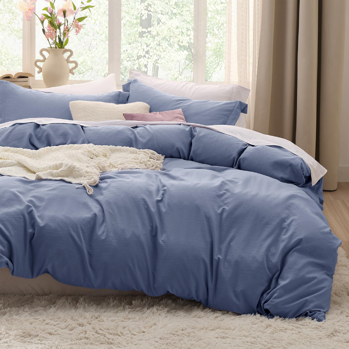 Bedsure slate blue duvet cover front view showing soft inviting fabric