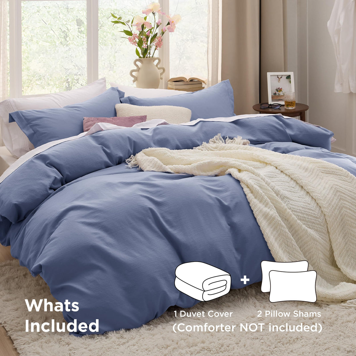 Zipper closure detail on Bedsure slate blue duvet cover for easy bed making
