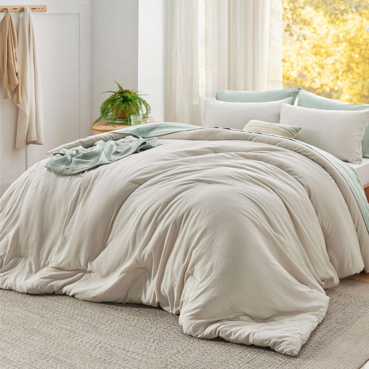 Bedsure super king comforter set beige closeup shows ultra soft texture for cozy nights
