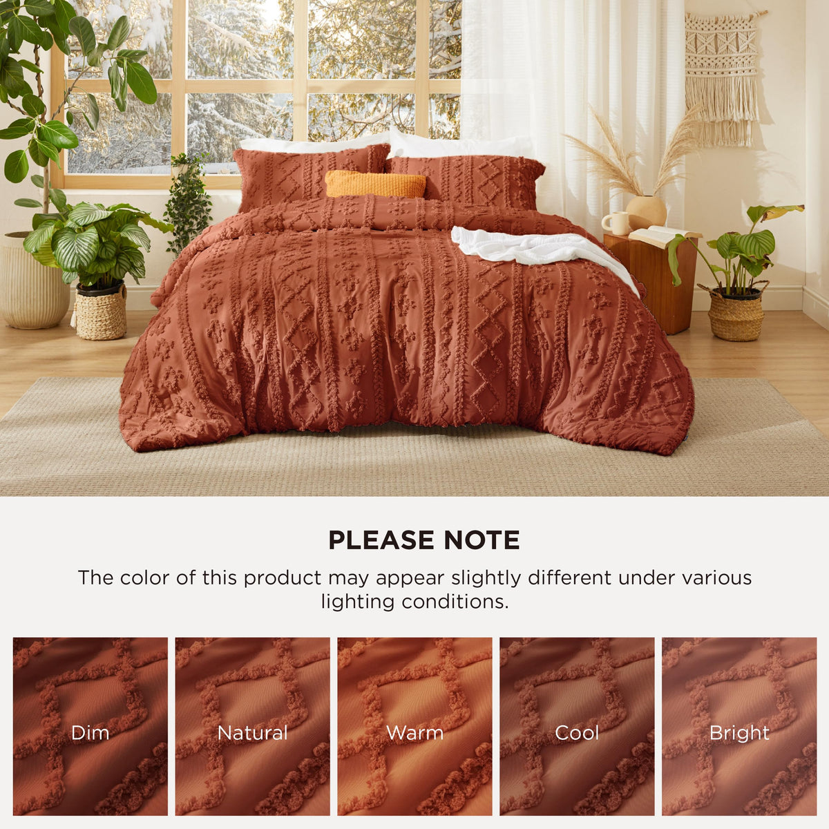 Bedsure terracotta bedding enhances warm, inviting farmhouse bedroom aesthetics.