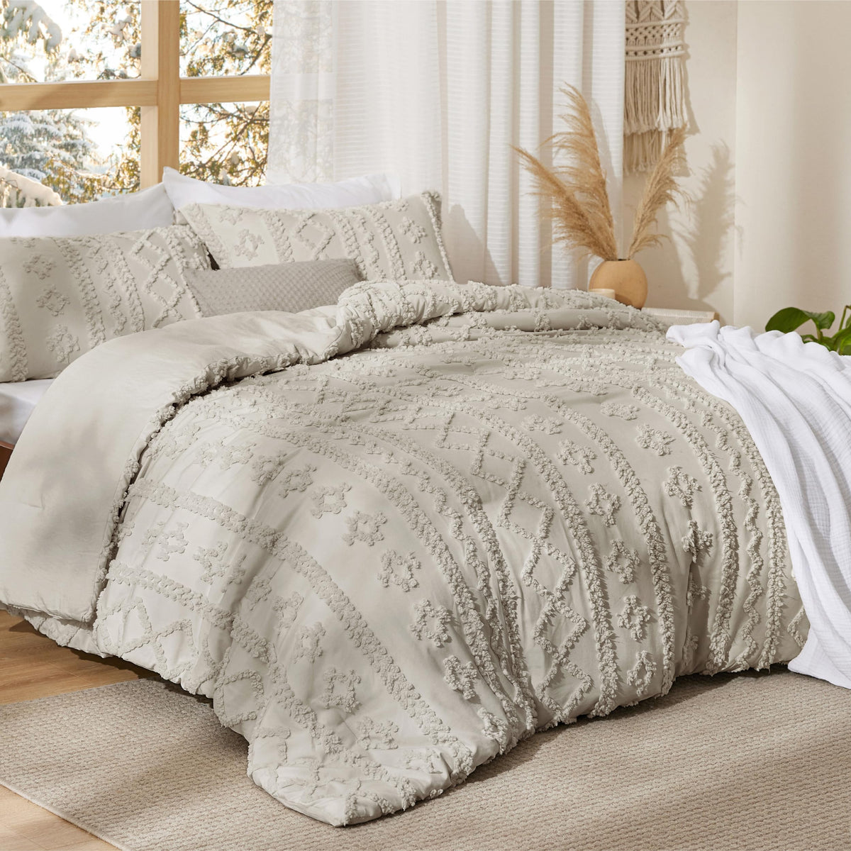 Bedsure 3D embroidery texture enhances depth in chic bed setup.