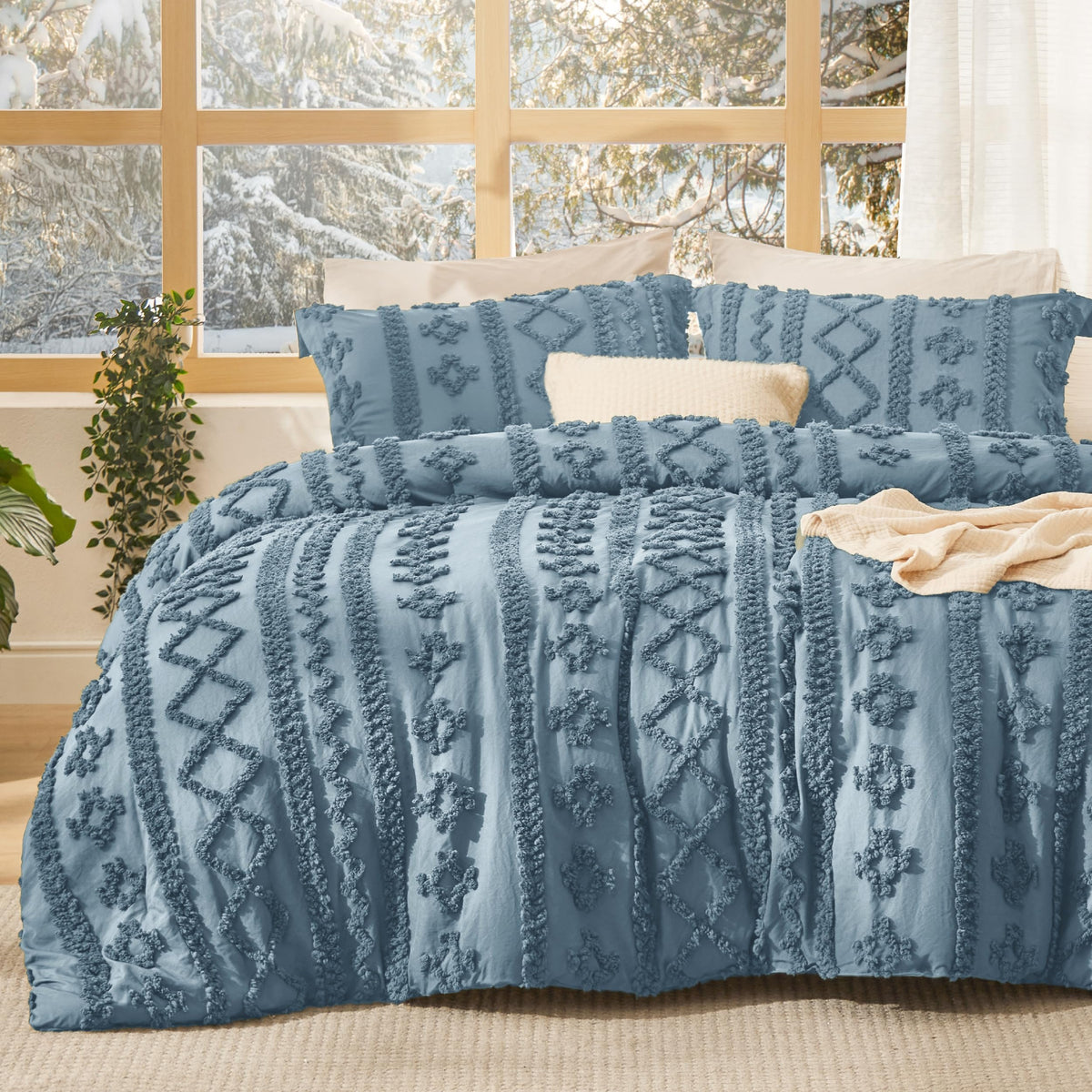 Bedsure tufted boho comforter in dusty blue with refined embroidery for luxe focal point