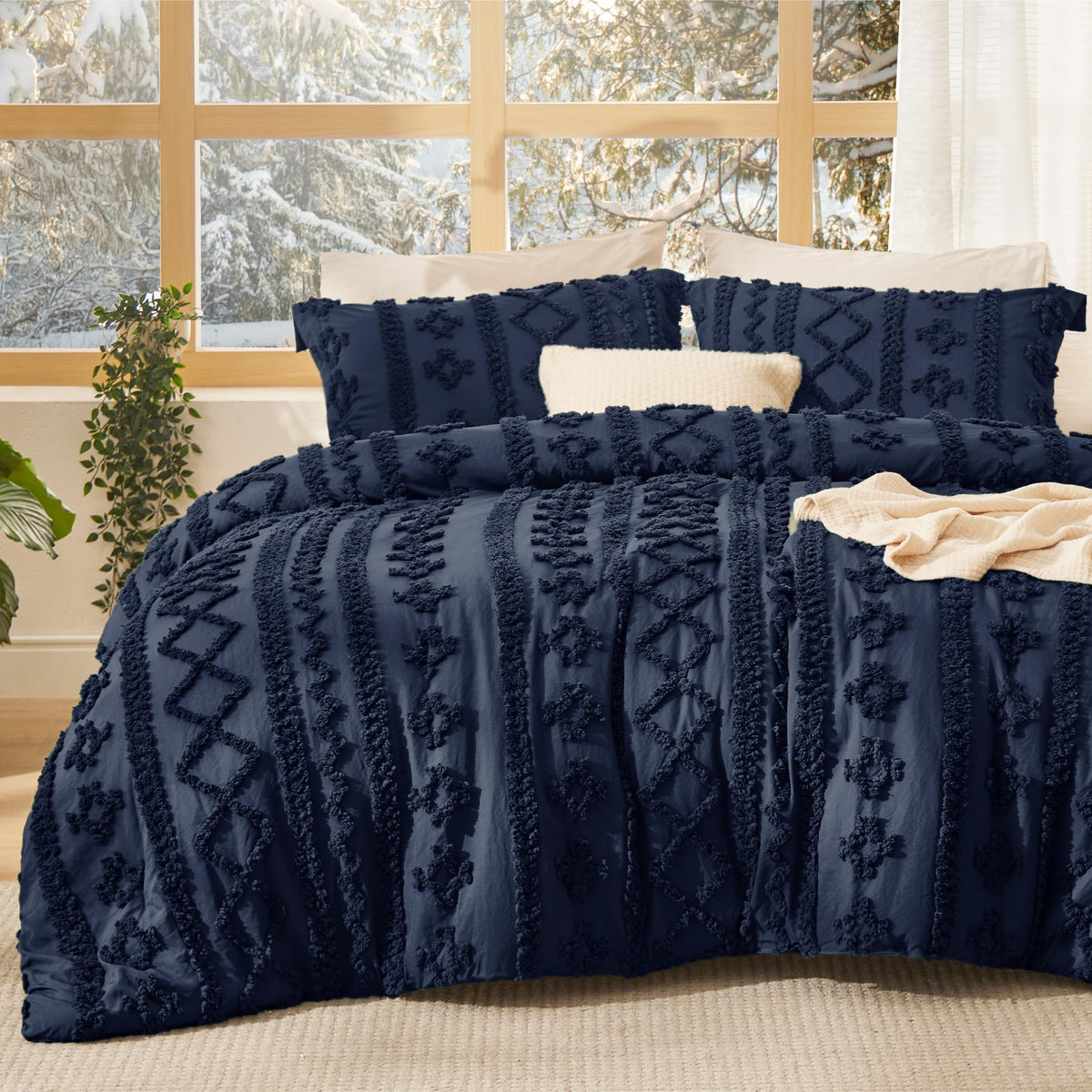 Bedsure tufted boho comforter with embroidery detail on a king bed.
