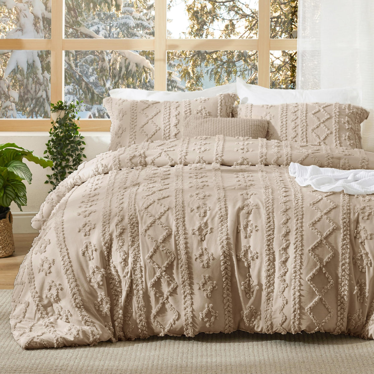 Bedsure tufted boho comforter set front view with khaki embroidery