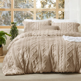 Bedsure tufted boho comforter set front view with khaki embroidery