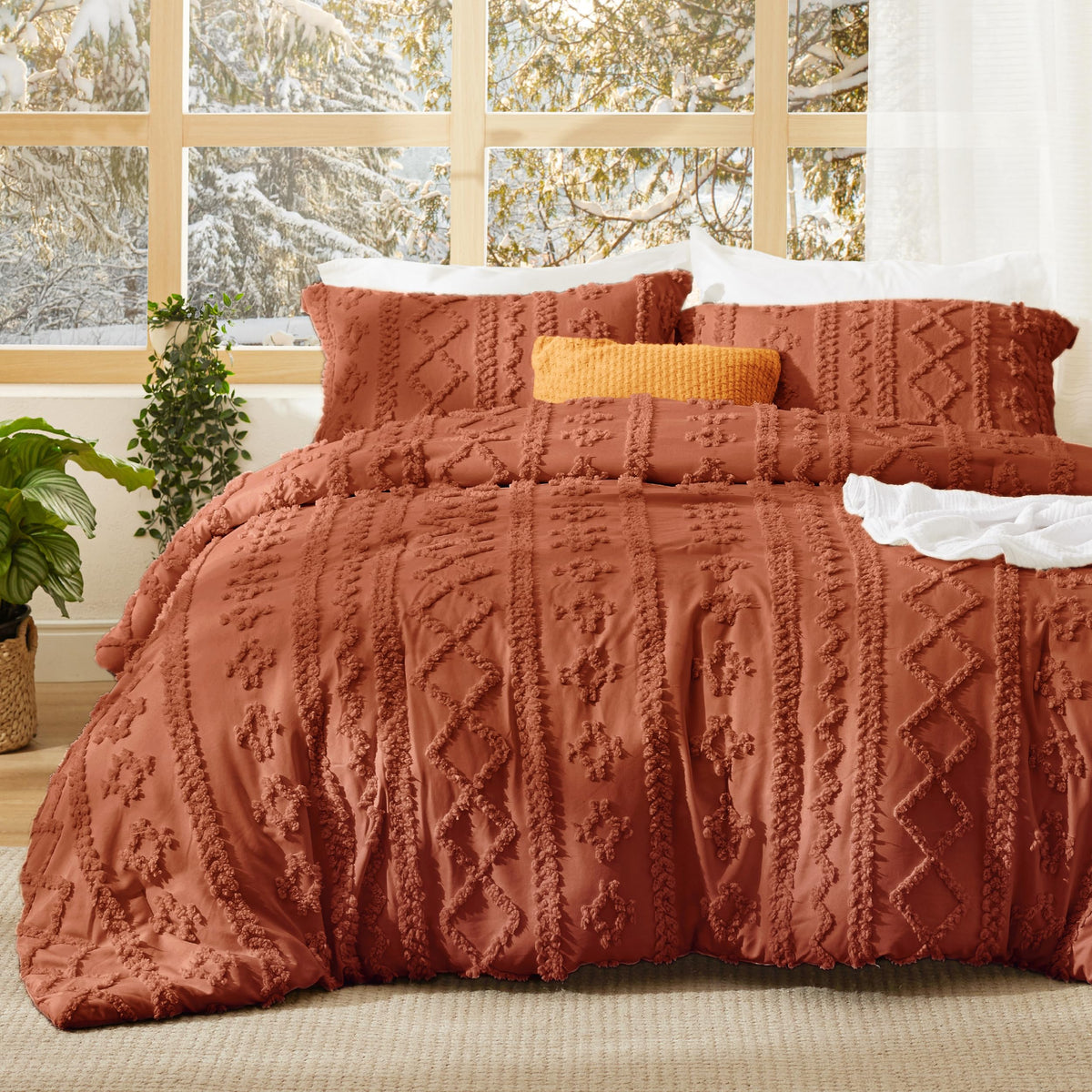 Bedsure tufted boho comforter queen angled view adds chic focal point.