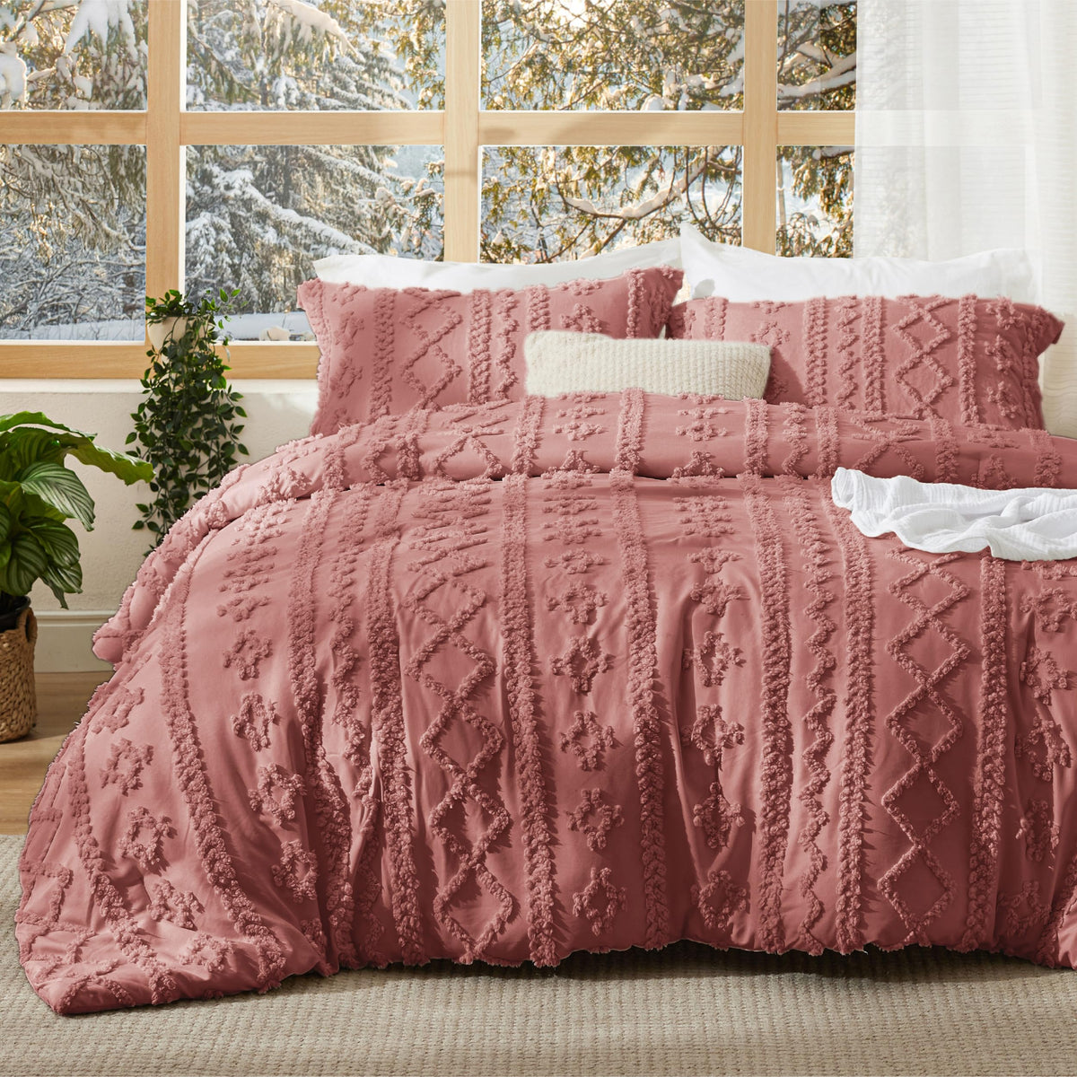 Bedsure tufted boho comforter set close-up of embroidered tufts for refined bedroom decor