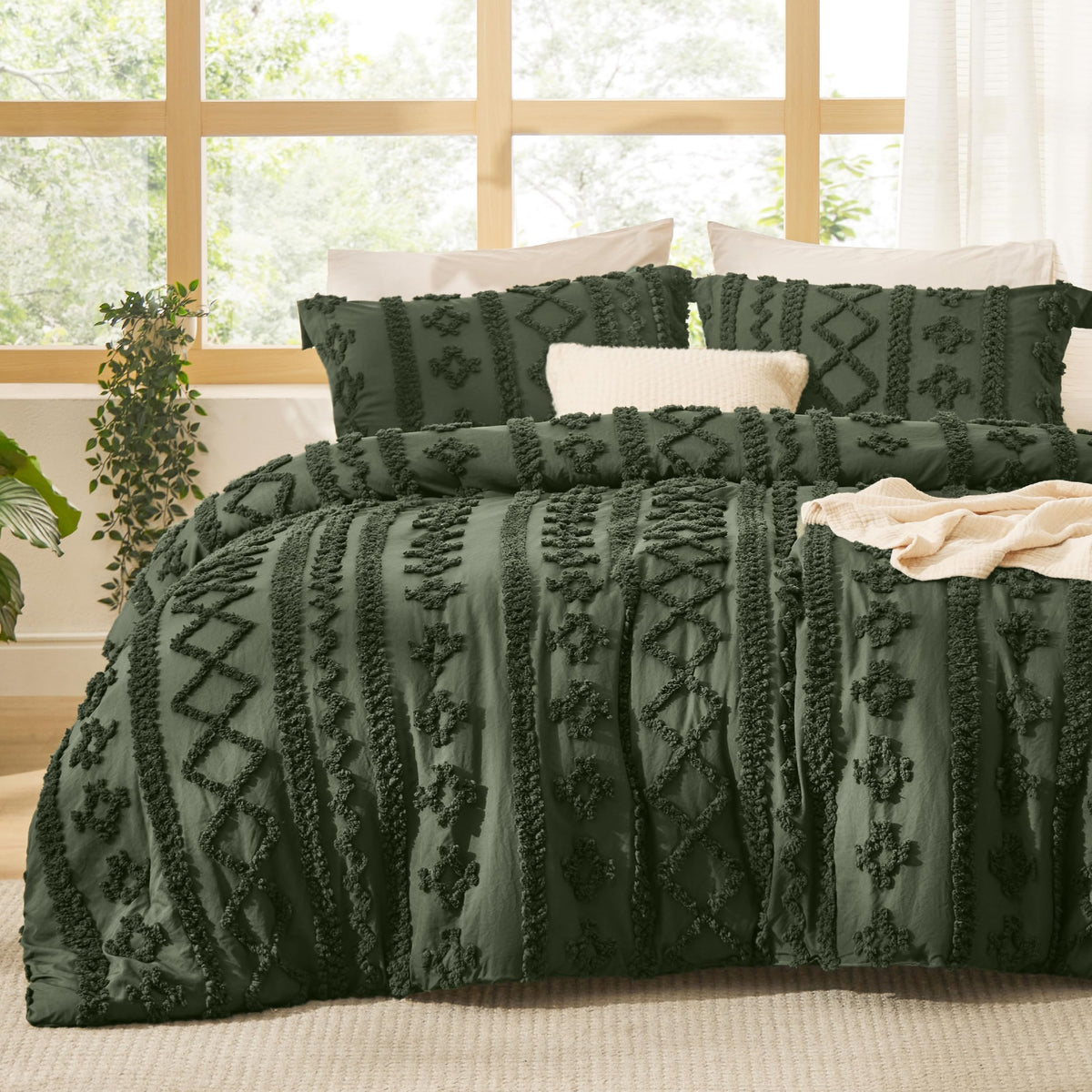 Bedsure tufted boho comforter queen olive on bed showcasing refined style