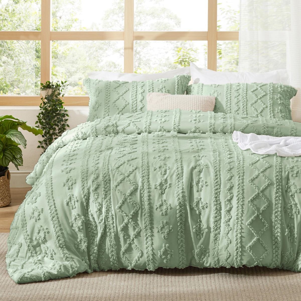 Bedsure tufted boho comforter queen sage green with 3D embroidery for refined style