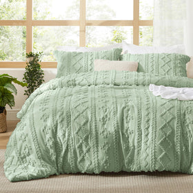 Bedsure tufted boho comforter queen sage green with 3D embroidery for refined style