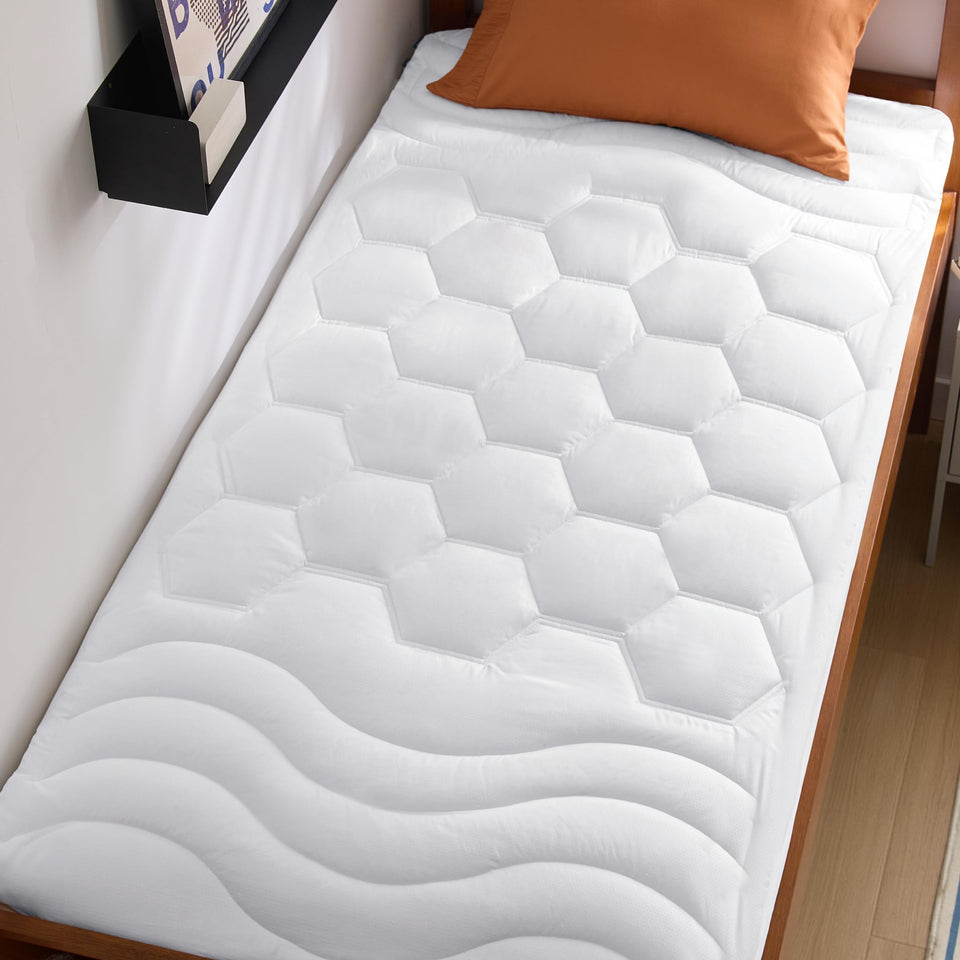 Bedsure twin mattress pad cover top view showing plush, quiet surface for restful nights