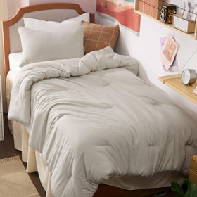 Bedsure twin-xl comforter soft beige for a cozy dorm night.