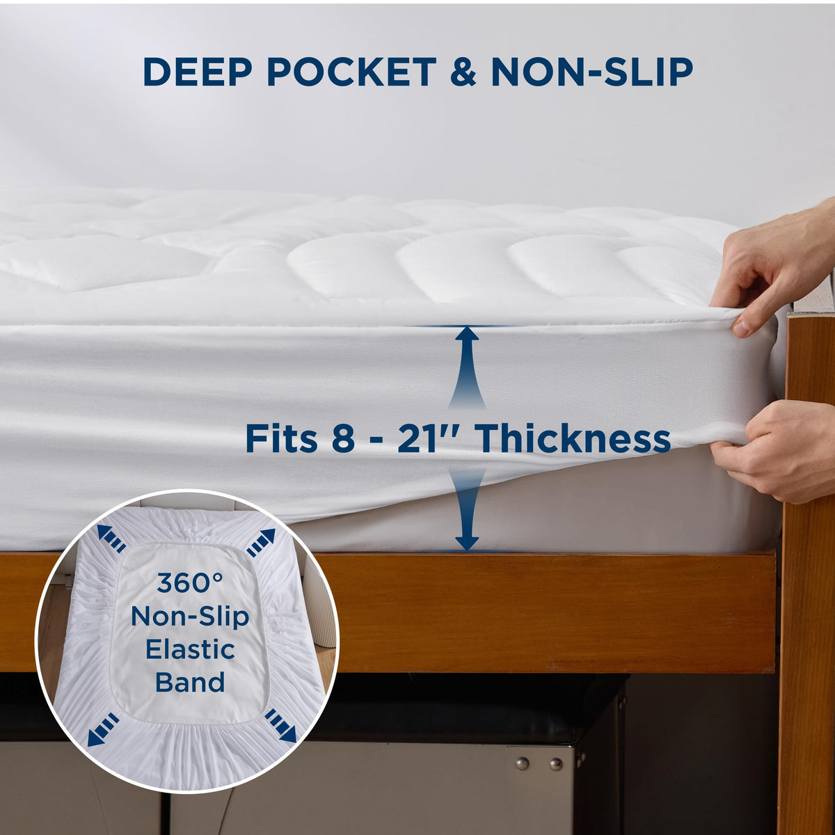 Bedsure Twin XL mattress pad deep-pocket design fits up to 21 inches.