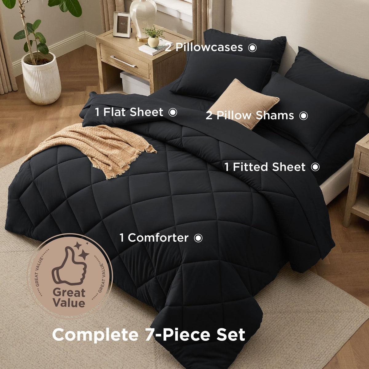 Bedsure two black pillowcases complete the coordinated look
