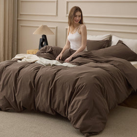Bedsure washed cotton duvet cover in brown, queen size, breathable and soft.