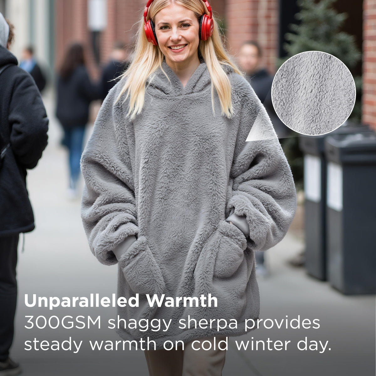 Bedsure wearable blanket hoodie model wearing demonstrates versatile at home use