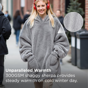 Bedsure wearable blanket hoodie model wearing demonstrates versatile at home use