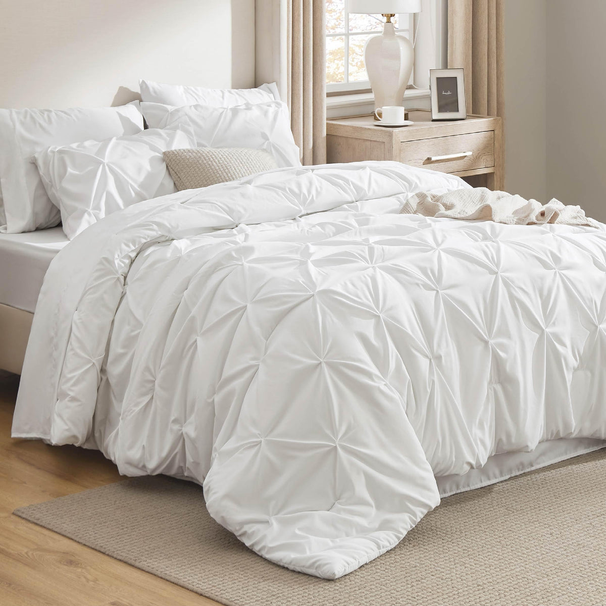 Bedsure white comforter queen bedding set highlights plush softness for a peaceful night.