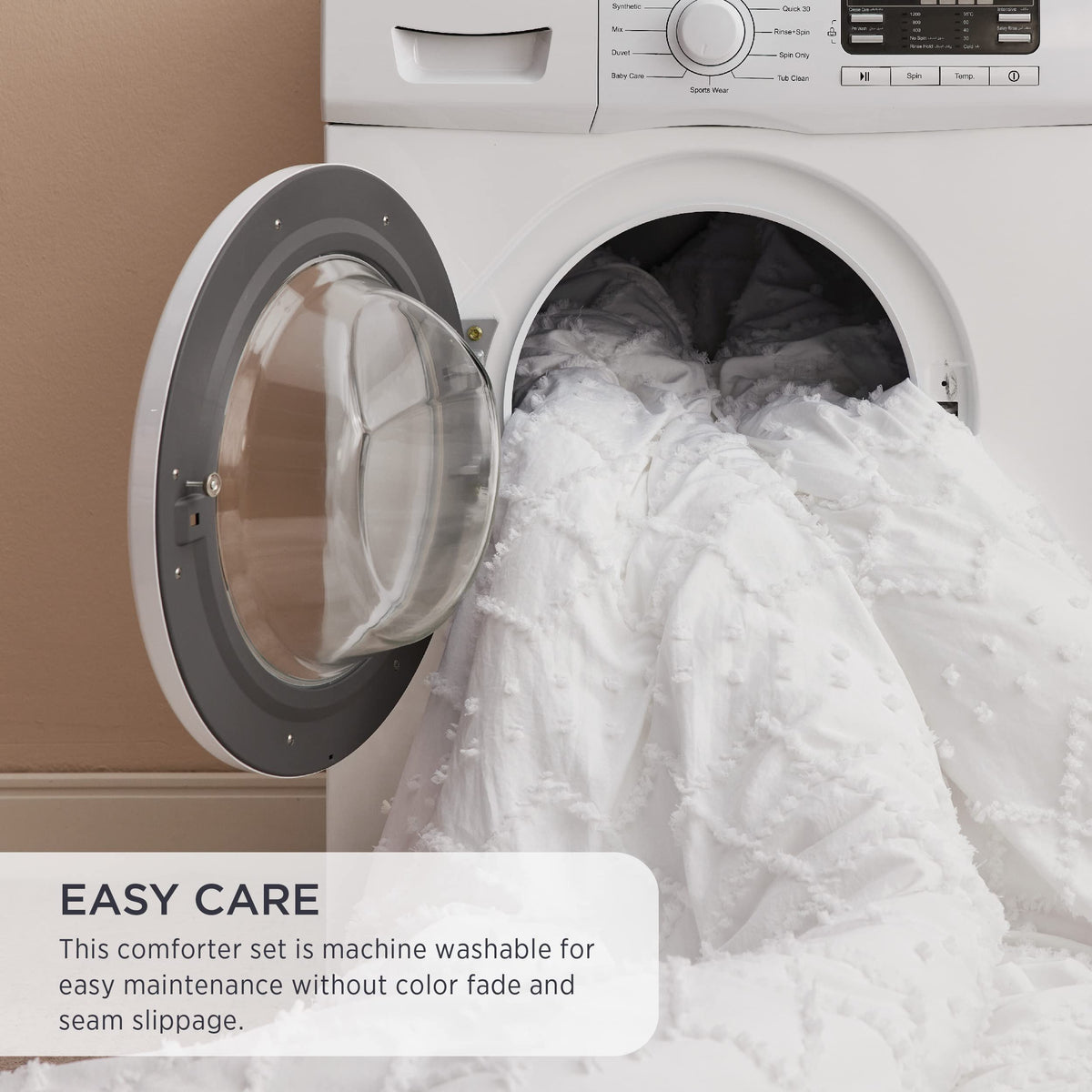Bedsure white farmhouse-style bedding adds a cozy, versatile look to any room.