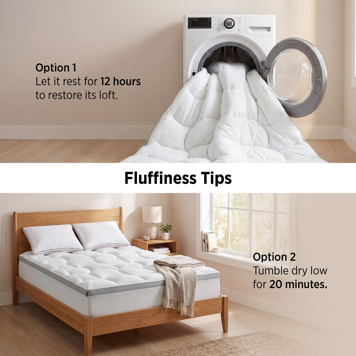 Bedsure white mattress topper blends with any bedding setup.