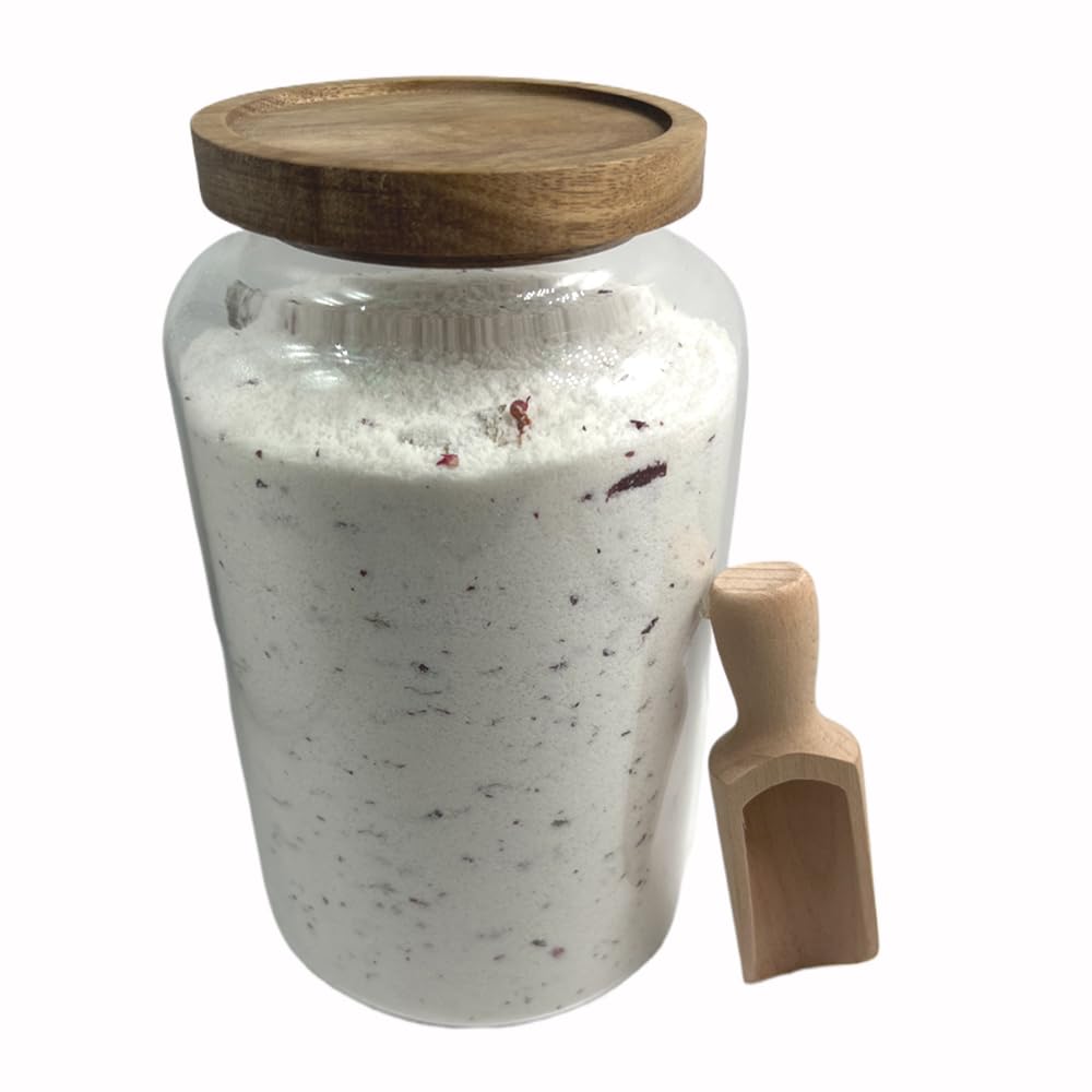 Beeco GIF2U 83-oz bath salts jar with wooden lid and scoop for precise dosing.