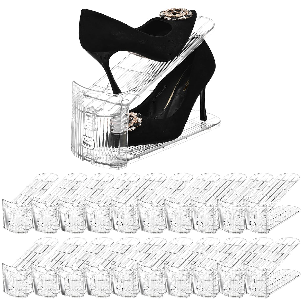 Beehomay 20-pack clear shoe stackers keep shoes neatly organized in a closet