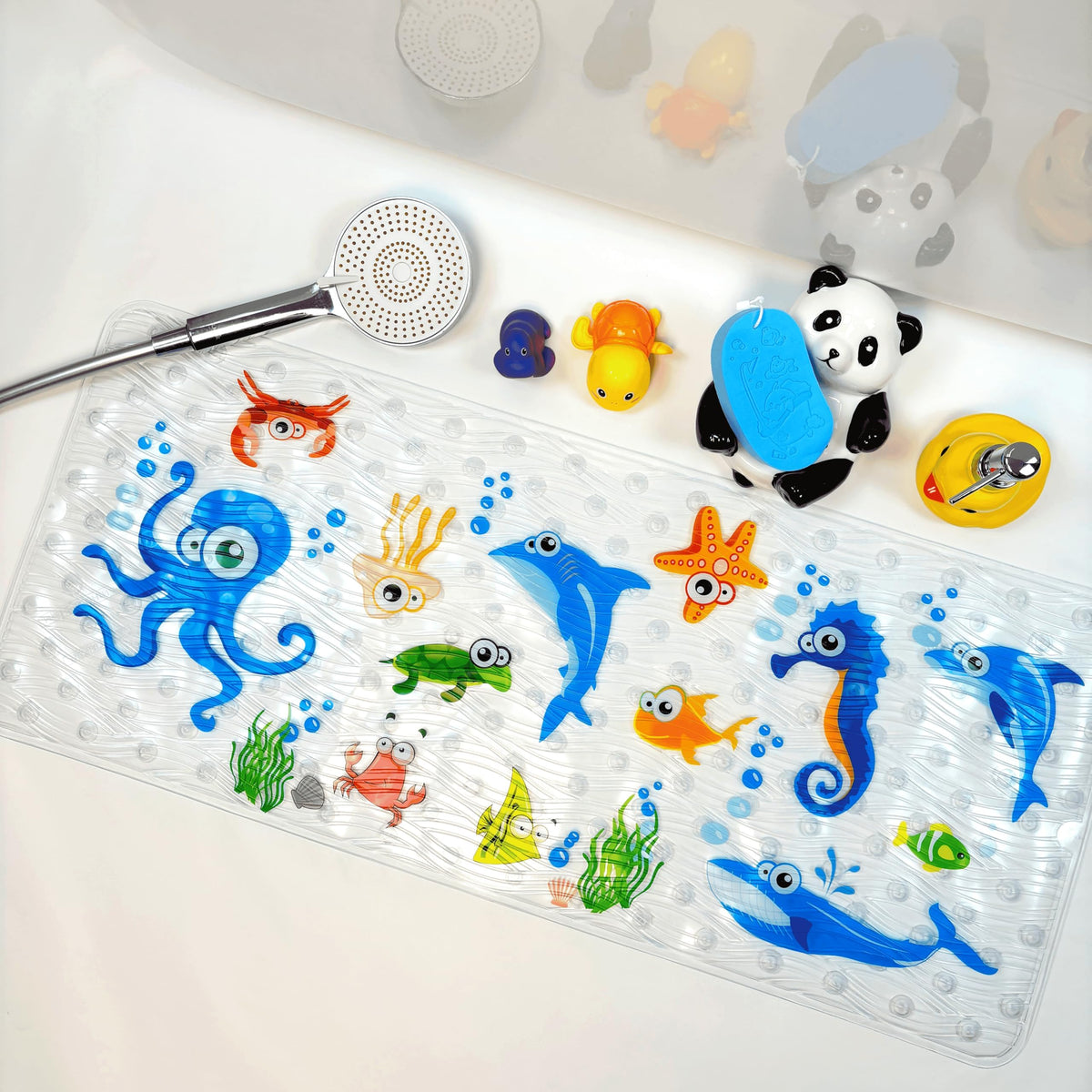 BeeHOMEe bathroom safety mat helps reduce slips during baths.