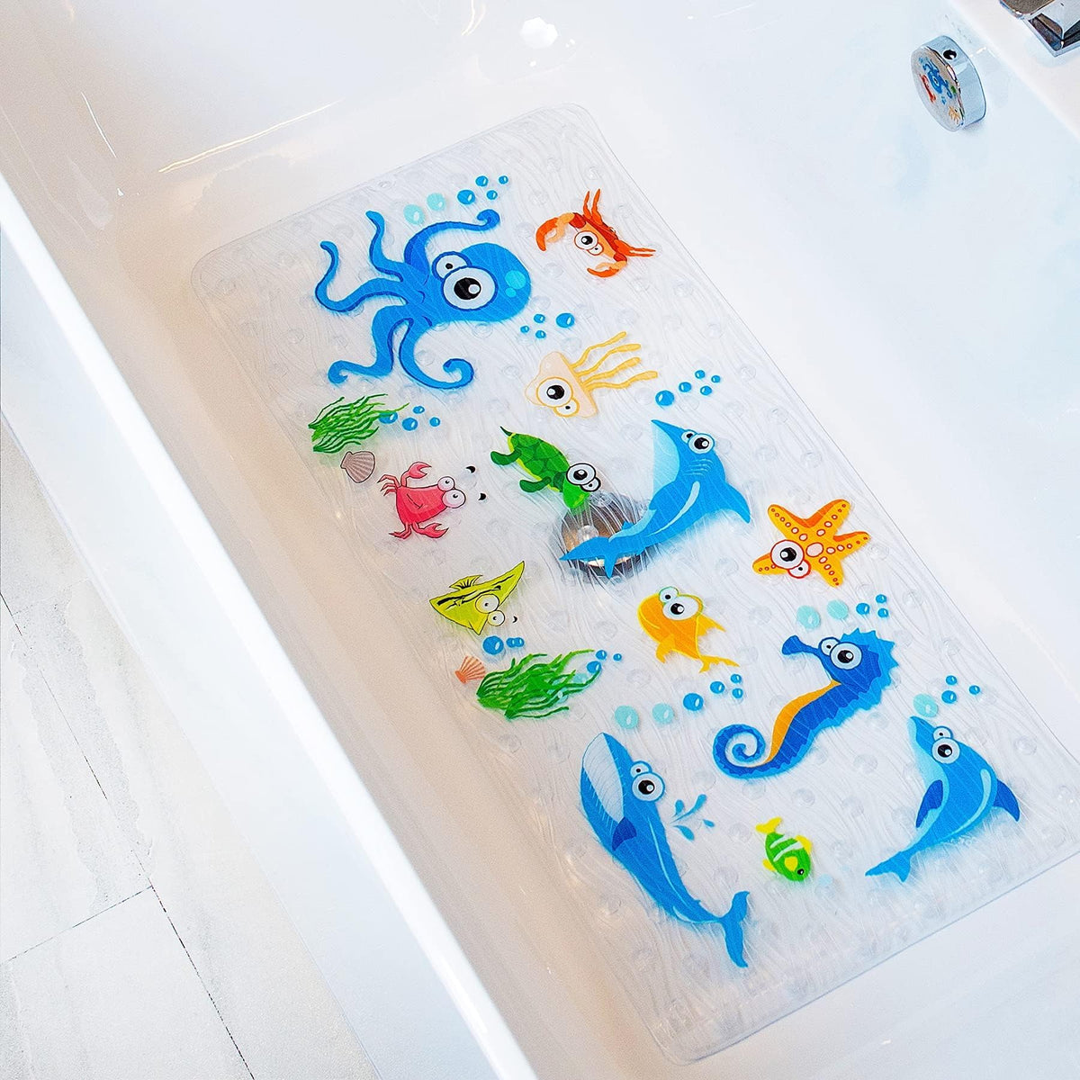 BeeHOMEe blue octopus bath mat with suction cups for a secure grip.