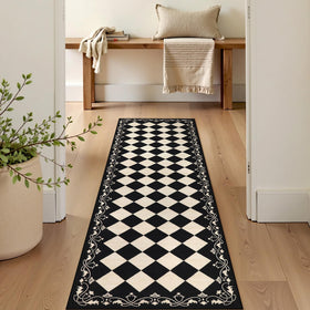 Beeiva black and white checkered rug complements entryways and kitchen decor.
