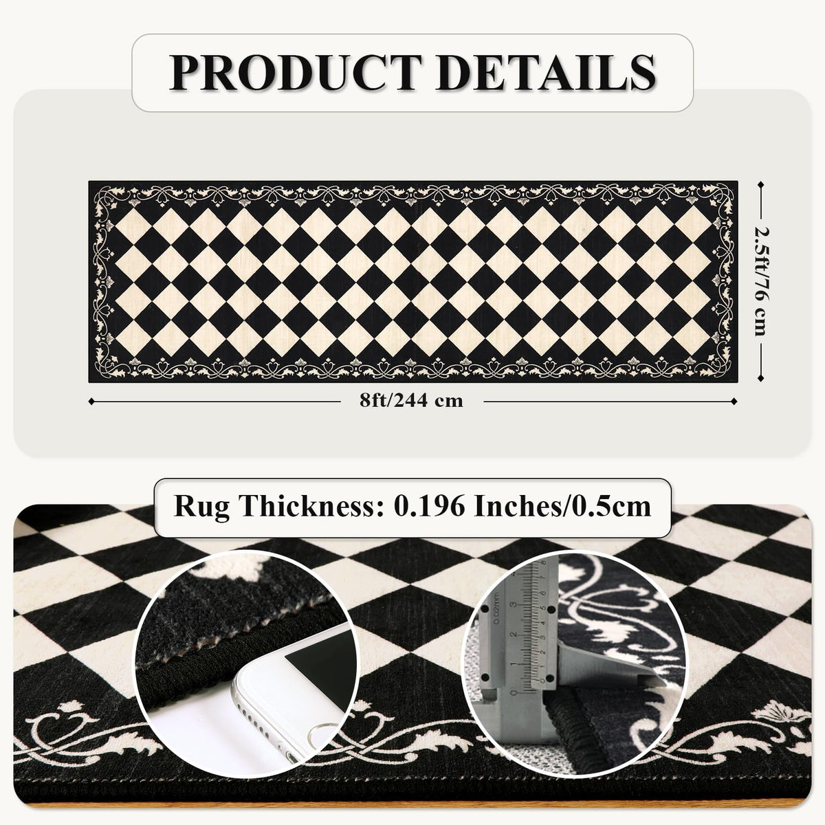 Beeiva checkered black runner non-slip back 30x96cm provides safer passage.