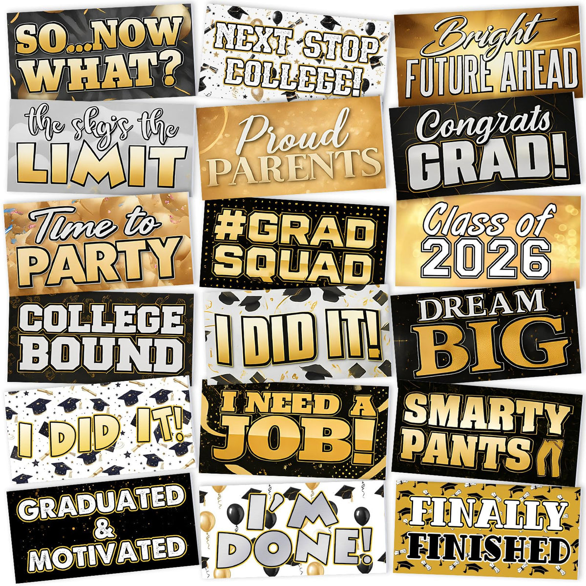 Beeveer 24 Designs graduation prop pack front view, double-sided PVC for vibrant photo booth shots.