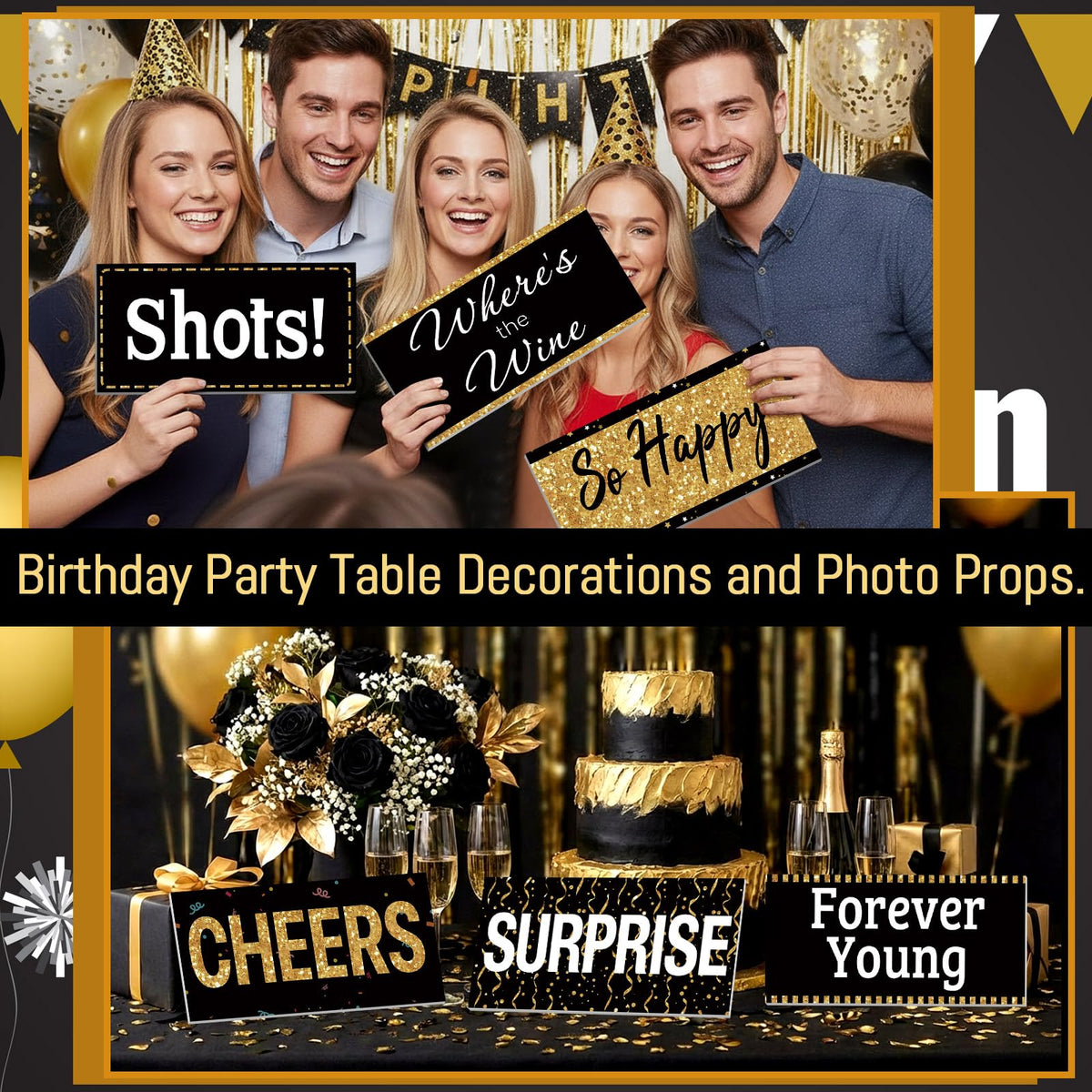 Beeveer birthday photo props with floating slogans highlight moments in selfies.