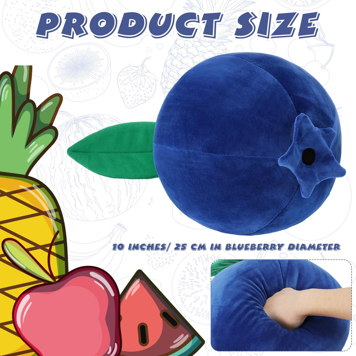 Beeveer blueberry plush pillow adds playful charm to kids' rooms.