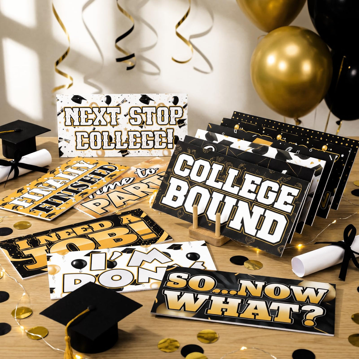 Beeveer dual-sided graduation prop close-up in gold and black, durable for year-after-year use.