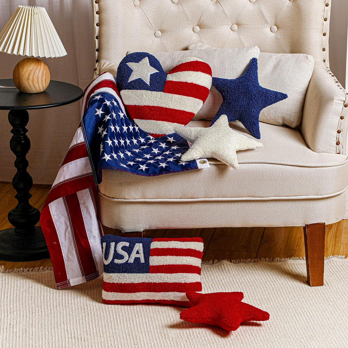 Beeveer patriotic star pillow provides plush support for beds and couches