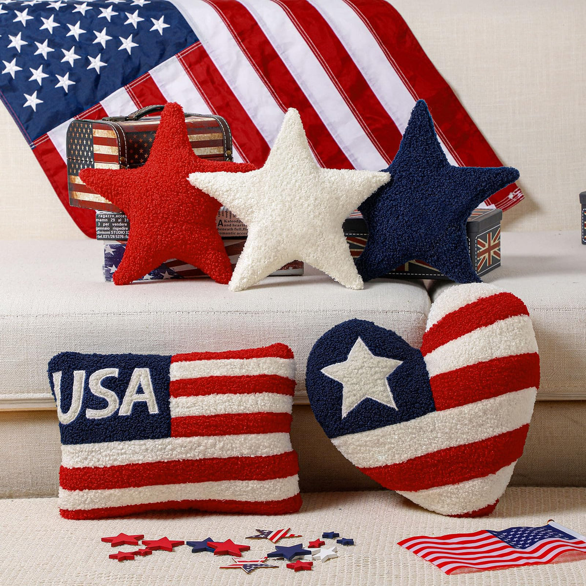 Beeveer patriotic star pillow enhances Americana decor on a sofa