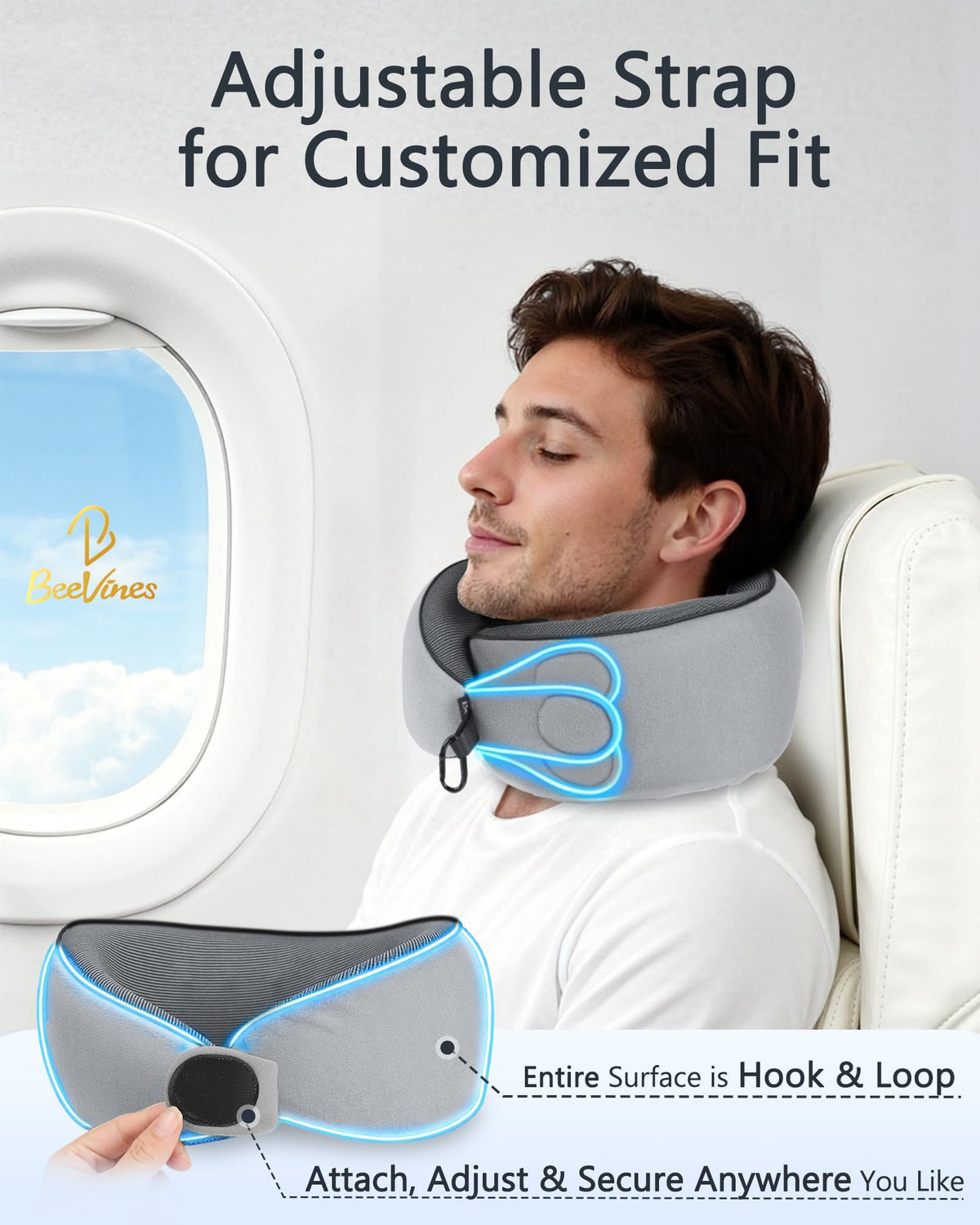 BeeVines travel pillow showing 360 wrap around support during travel