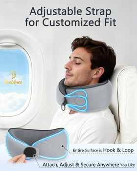 BeeVines travel pillow showing 360 wrap around support during travel