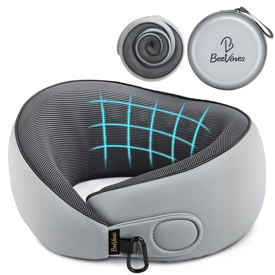 BeeVines travel pillow with adjustable strap for customized comfort on long flights