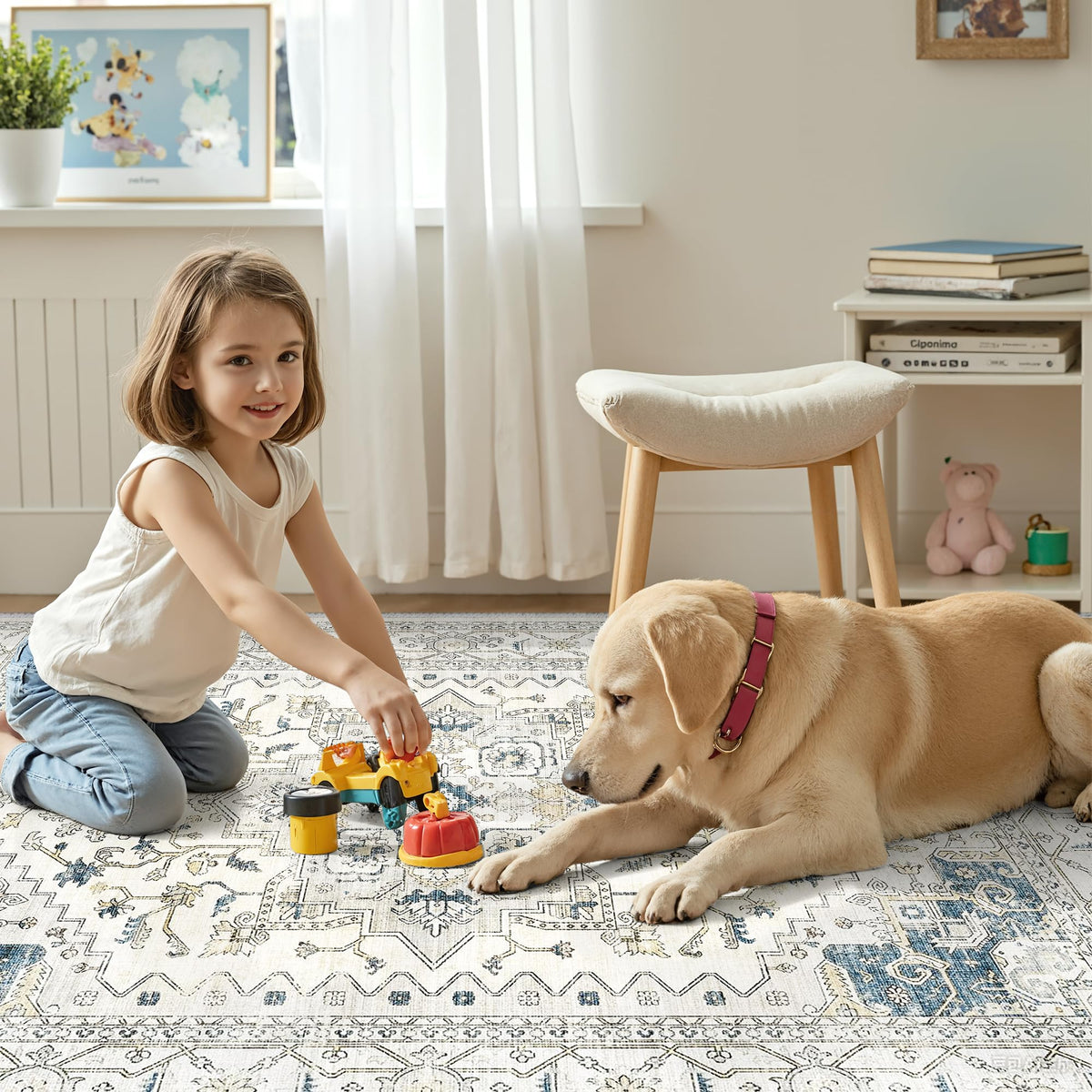 befbee rug complements living room decor with neutral beige-blue tones