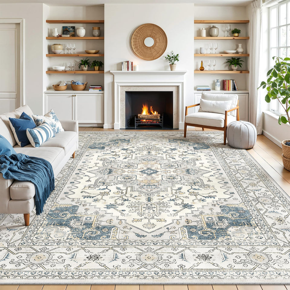 befbee 8x10 washable rug beige-blue with soft velvet surface for family rooms