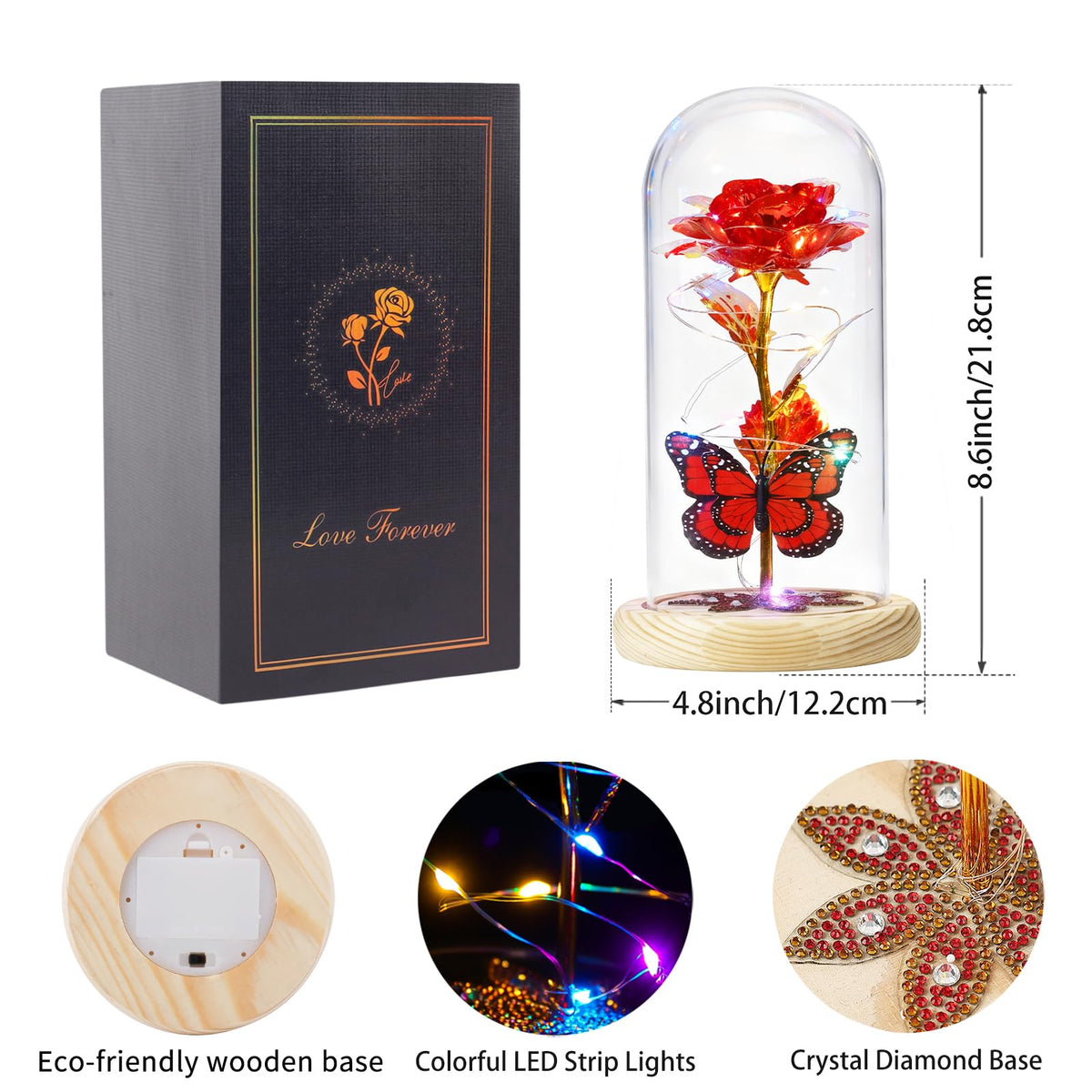 Beferr butterfly accents complement the glass rose's timeless look