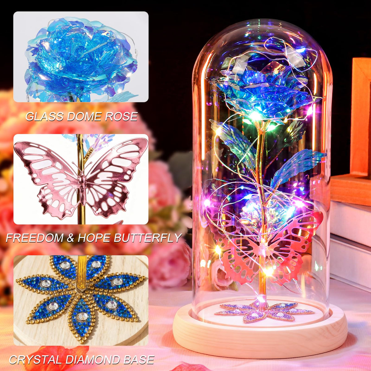 Beferr crystal-diamonds rose showcased under protective glass dome.