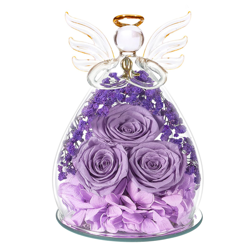 Beferr forever rose in glass angel displays timeless beauty for elegant decor.