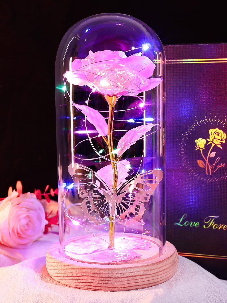 Beferr Galaxy Glass Rose inside dome with LED lights for elegant home décor.