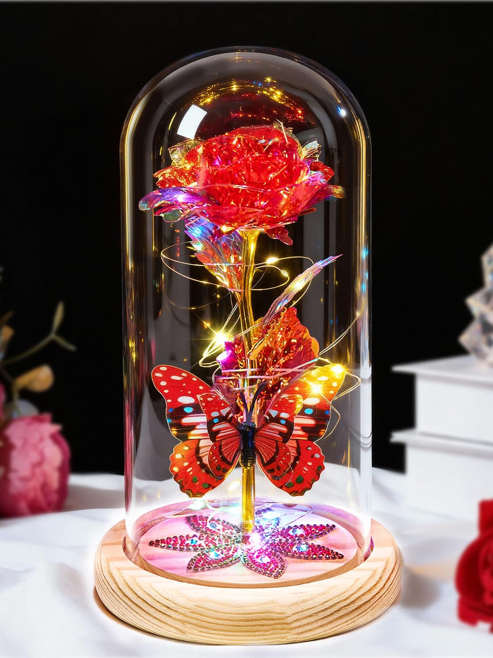 Beferr Galaxy Glass Rose dome centerpiece with preserved bloom for elegant decor