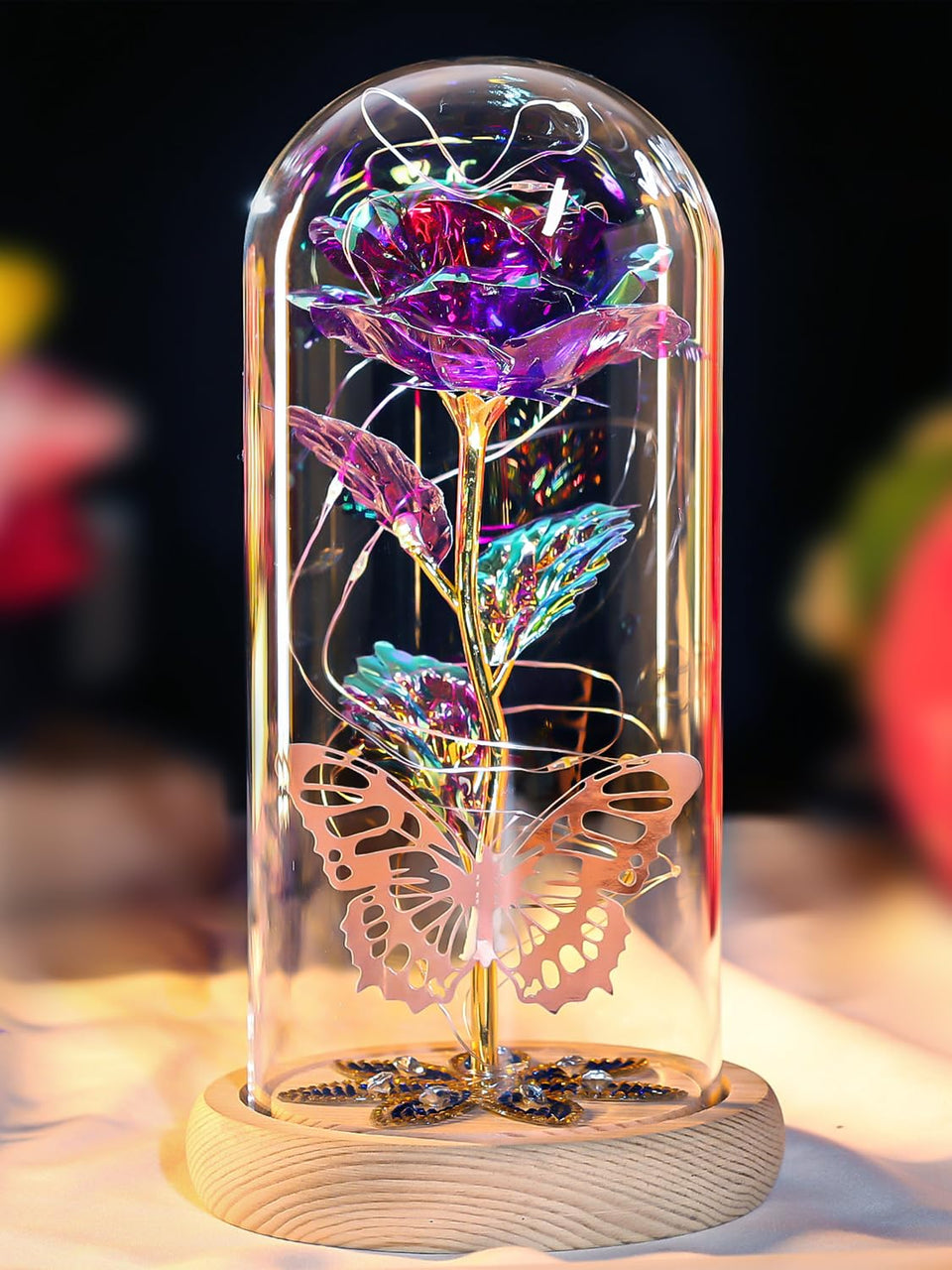Beferr galaxy glass rose dome display—lasting keepsake with crystal accents.