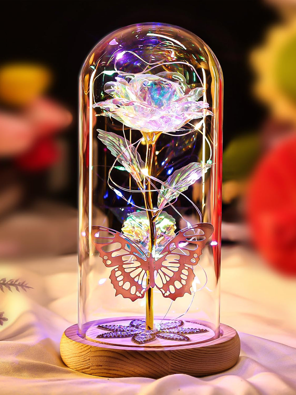 Beferr Galaxy Glass Rose under LED dome, a timeless romantic display.