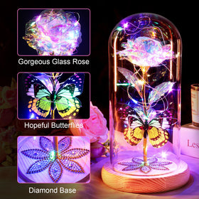 Beferr Galaxy Glass Rose on crystal-accented wooden base for display